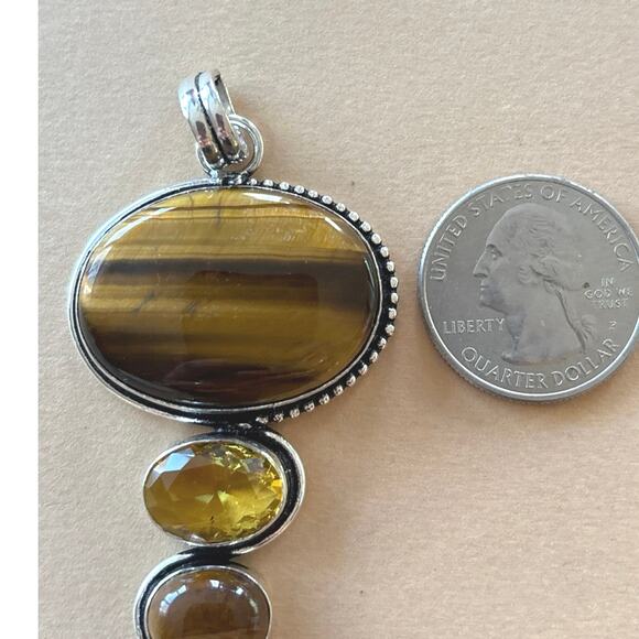925 Sterling Large Tiger Eye Citrine Pendant - Picture 3 of 5
